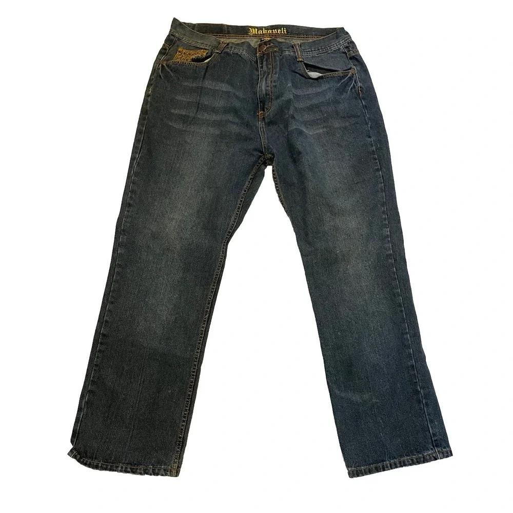 Makaveli Jeans Mens 42x31 Blue Denim Embroidered Pockets Baggy‎ Hip Hop